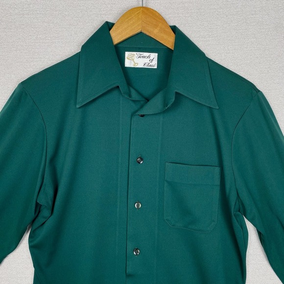 Vtg 70s Touch of Class Button Up Mens M Green Long Sleeve Disco Retro Party - Picture 3 of 8